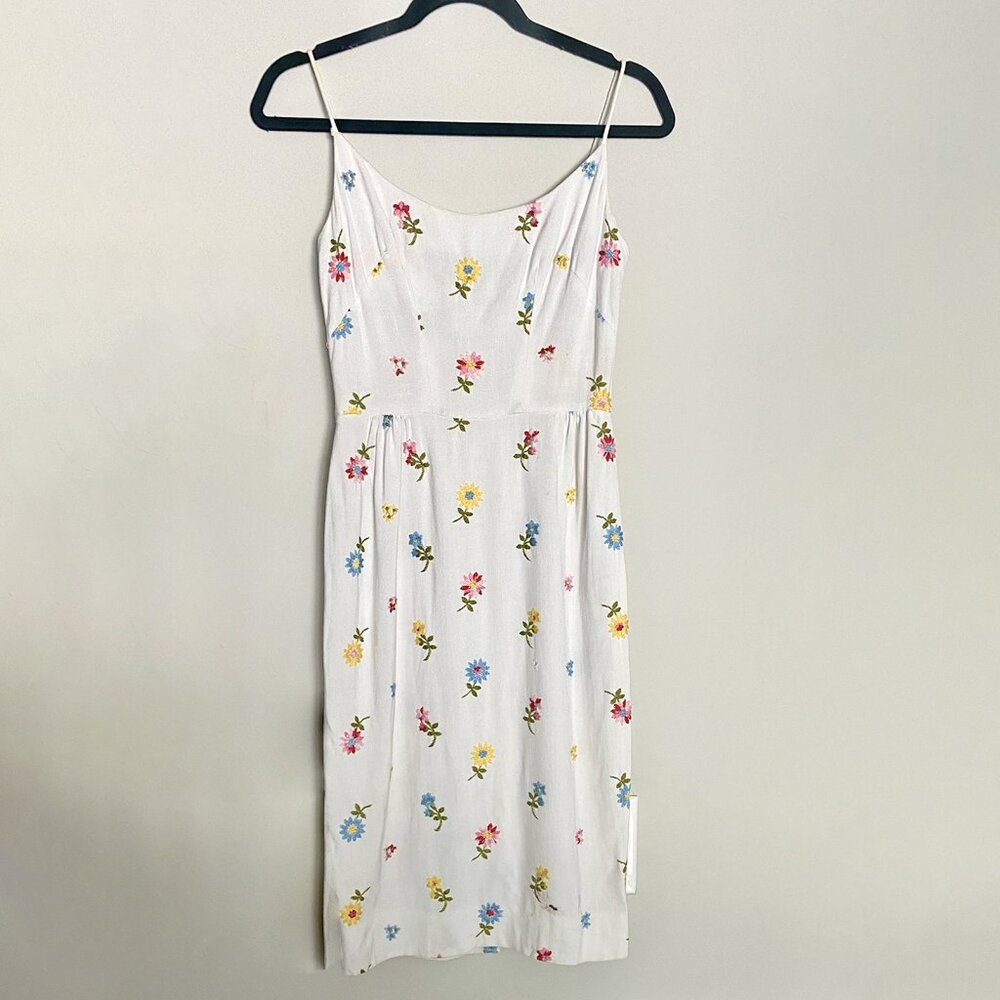 Vintage White Linen Floral Print Embroidered Midi Sun Dress Size Small